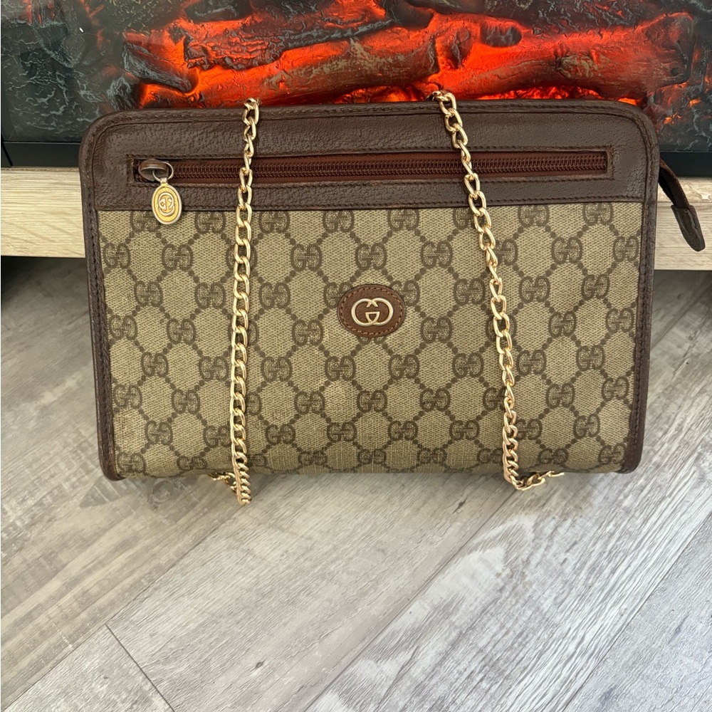 Gucci Tan and Brown Monogram Bag with Gold Chain